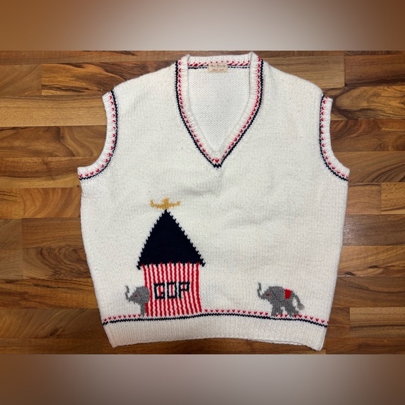 Kathleen Carroll Sweaters - Vintage Hand Knit GOP Elephant Sweater Vest Women’s L Patriotic Red White Blue